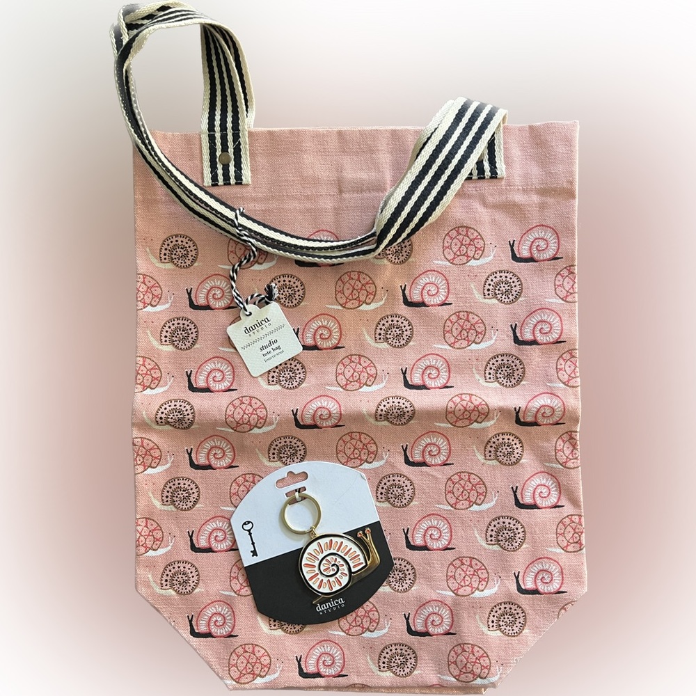 “Small World” cotton canvas tote & matching keychain w/stylized snails-NWT